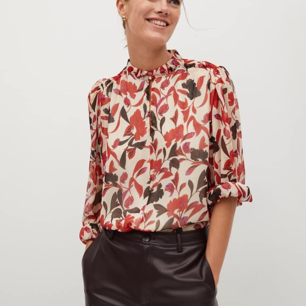 Mango Ecru Floral Blouse with gold threading detail - Size M